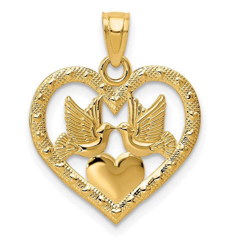 14K Yellow Gold Polished Doves In Heart Pendant