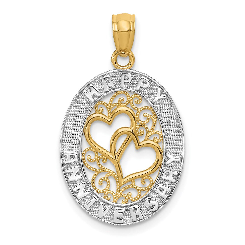 14K Yellow & Rhodium And White Happy Anniversary Hearts Pendant