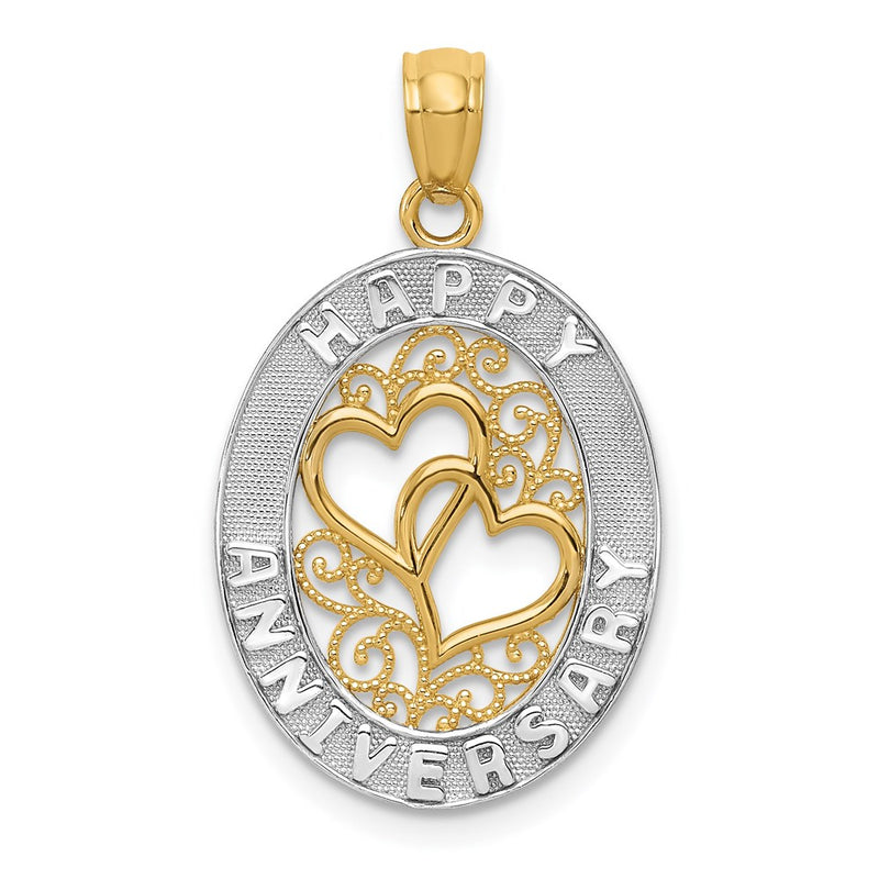14K Yellow & Rhodium And White Happy Anniversary Hearts Pendant