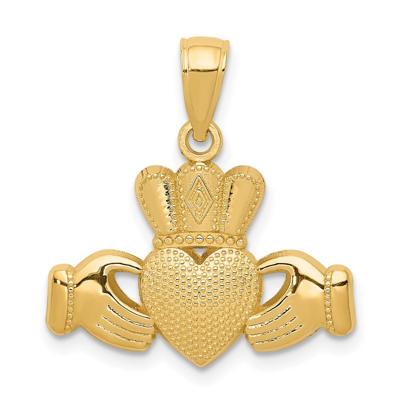 14K Yellow Gold Claddagh Pendant With Textured Crown