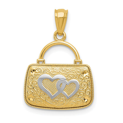 14k Yellow & Rhodium Gold w/Rhodium 3D Reversible Heart Handbag Pendant