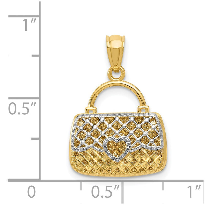 14k Yellow & Rhodium Gold w/Rhodium 3D Reversible Heart Handbag Pendant