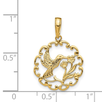 14K Yellow Gold Hummingbird W/Flower In Frame Pendant