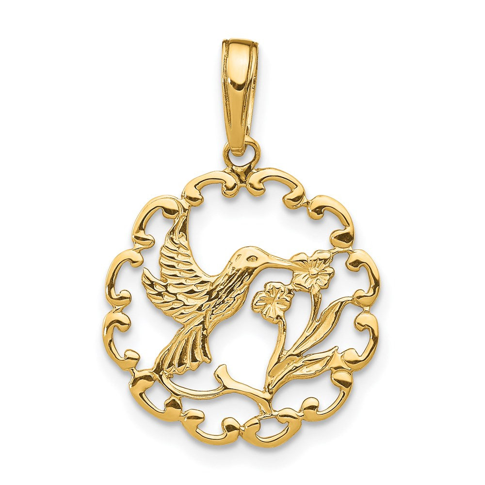 14K Yellow Gold Hummingbird W/Flower In Frame Pendant