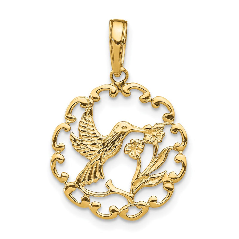 14K Yellow Gold Hummingbird W/Flower In Frame Pendant