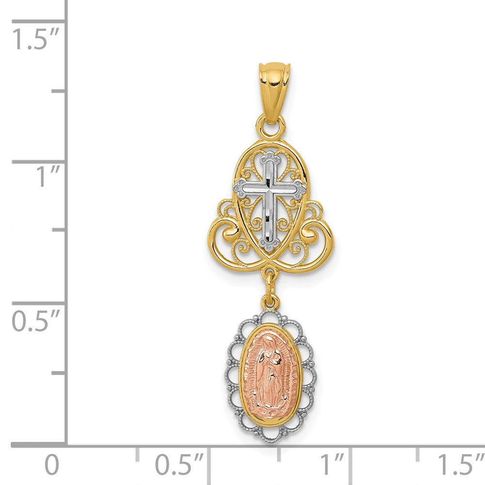 14K Two-Tone W/White Rhodium Lady Guadalupe Cross Pendant