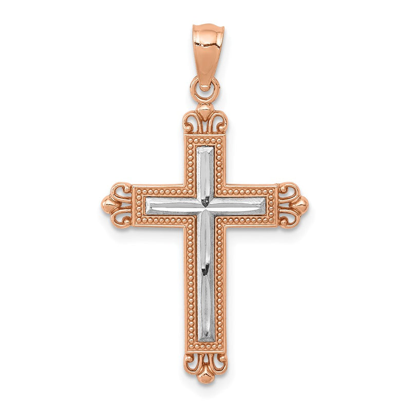 14K Rose Gold W/Rhodium Diamond-Cut Cross Pendant