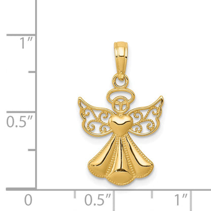 14K Yellow Gold Polished/Textured Guardian Angel W/Heart Pendant