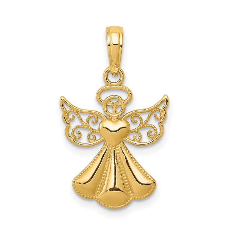 14K Yellow Gold Polished/Textured Guardian Angel W/Heart Pendant