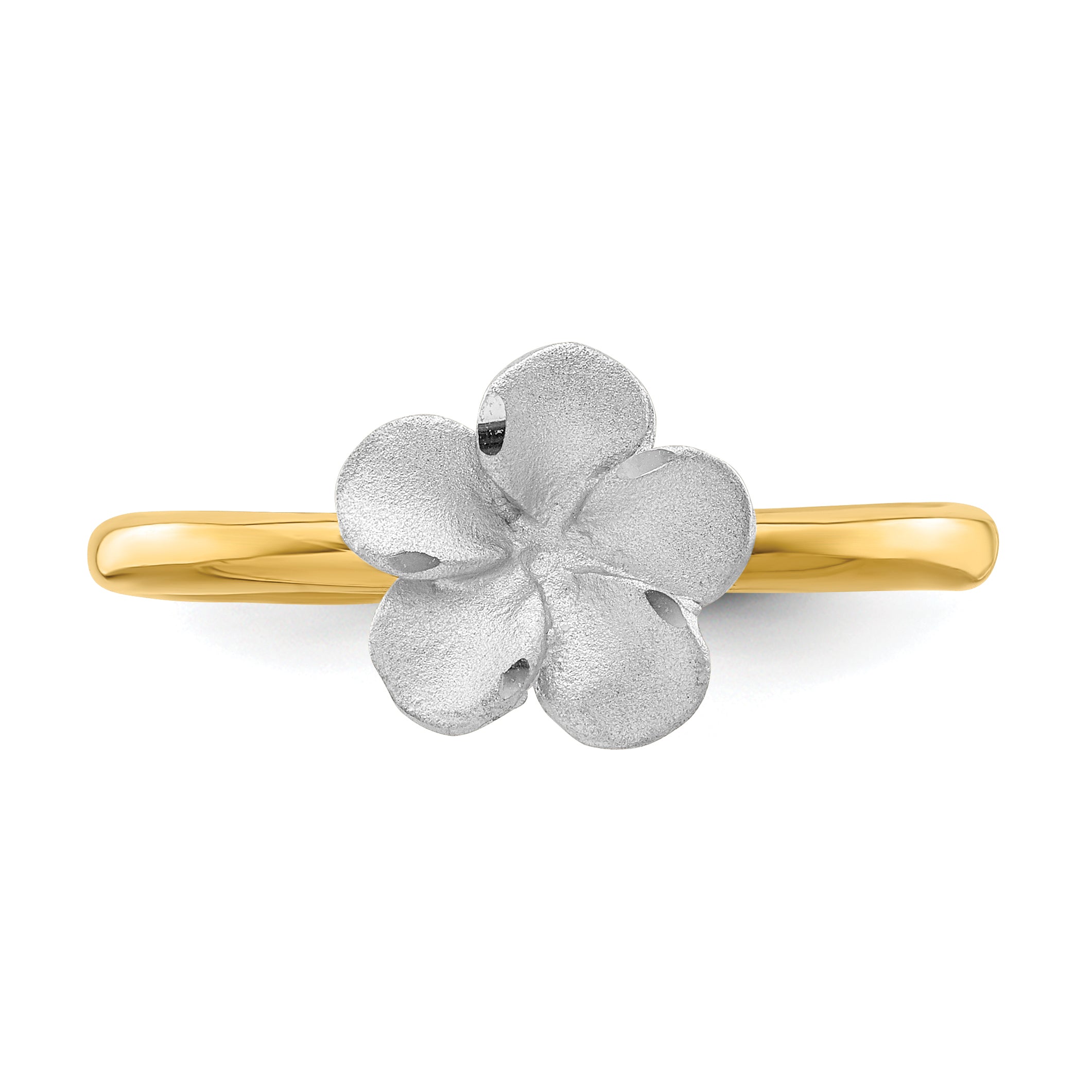 14K Two Tone Brushed & Polished Plumeria Ring (Size 7 Only)