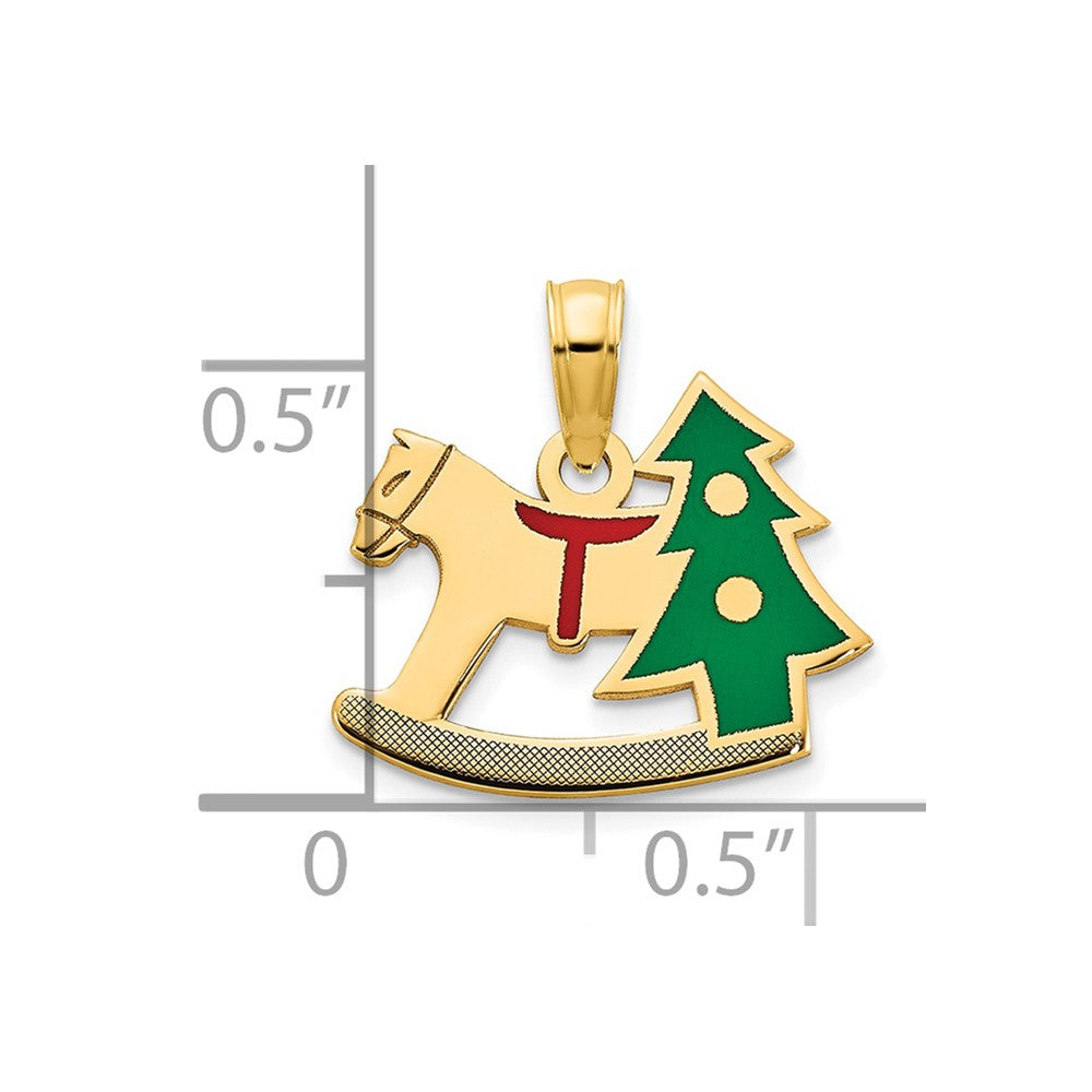 14K Yellow Gold Polished Epoxy Rocking Horse With Christmas Tree Pendant