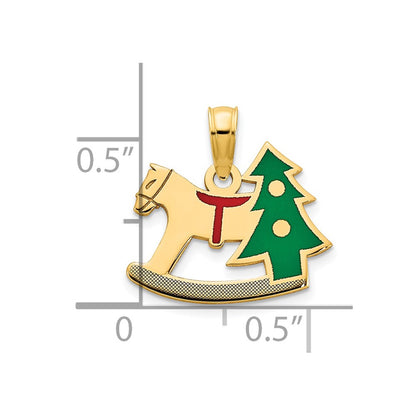 14K Yellow Gold Polished Epoxy Rocking Horse With Christmas Tree Pendant