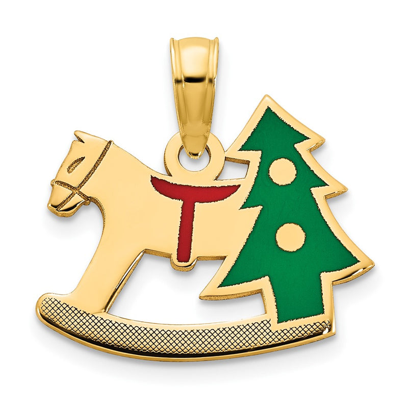 14K Yellow Gold Polished Epoxy Rocking Horse With Christmas Tree Pendant