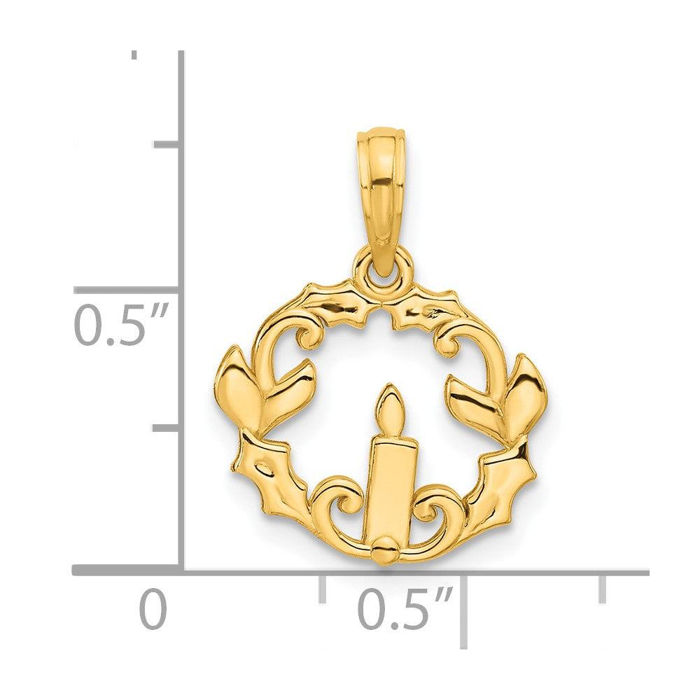 14K Yellow Gold Polished Candle with Holly Circle Pendant