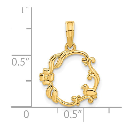 14K Yellow Gold Polished Floral with Bird Circle Pendant