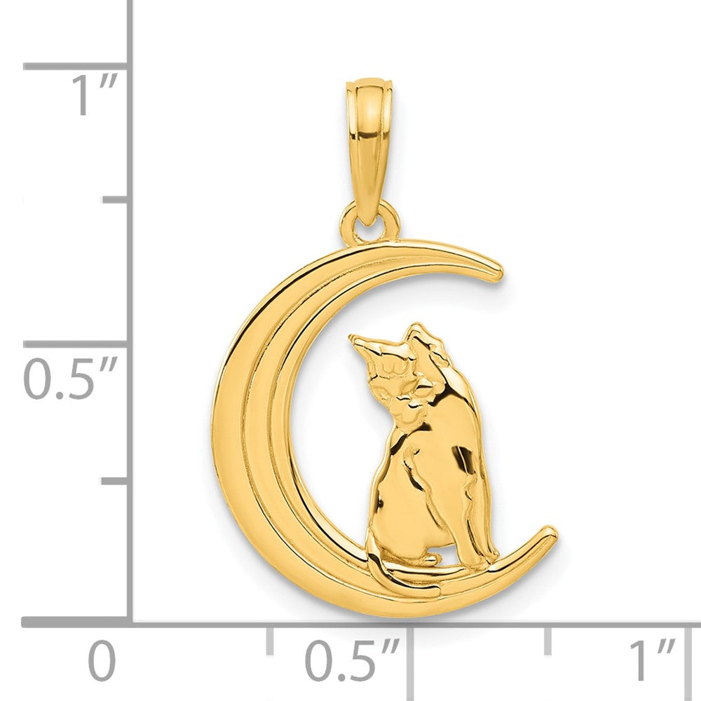 14K Yellow Gold Polished Cat Sitting on Moon Pendant