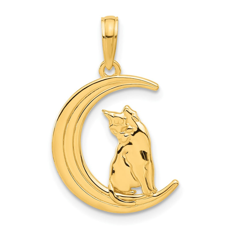 14K Yellow Gold Polished Cat Sitting on Moon Pendant