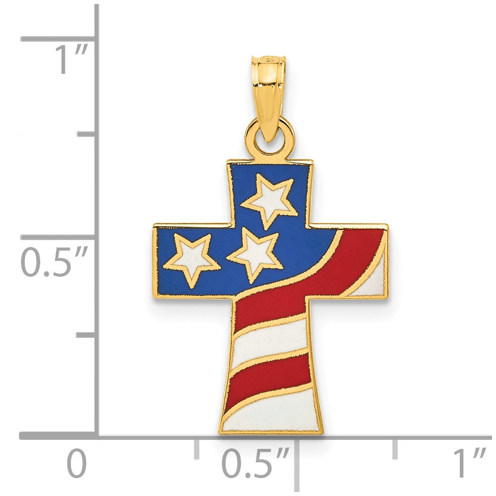 14K Yellow Gold Polished and Enameled American Flag Cross Pendant