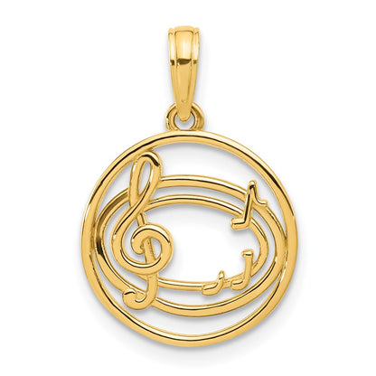 14K Yellow Gold Polished Music Notes in Circle Pendant