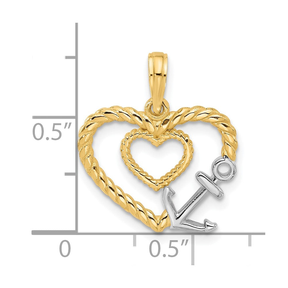 14K Yellow & Rhodium with Rhodium Fancy Rope Heart and Anchor Charm