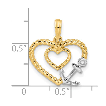 14K Yellow & Rhodium with Rhodium Fancy Rope Heart and Anchor Charm
