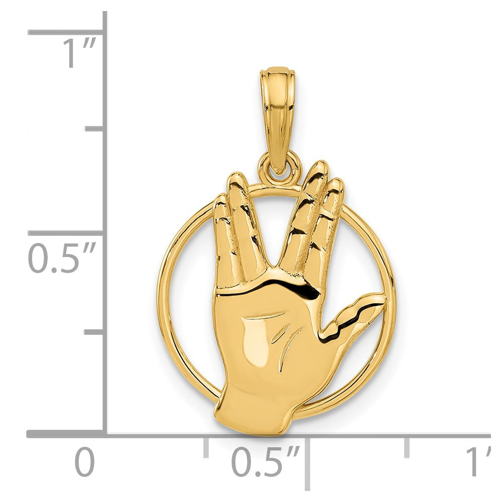 14K Yellow Gold Polished Hand Gesture in Circle Charm