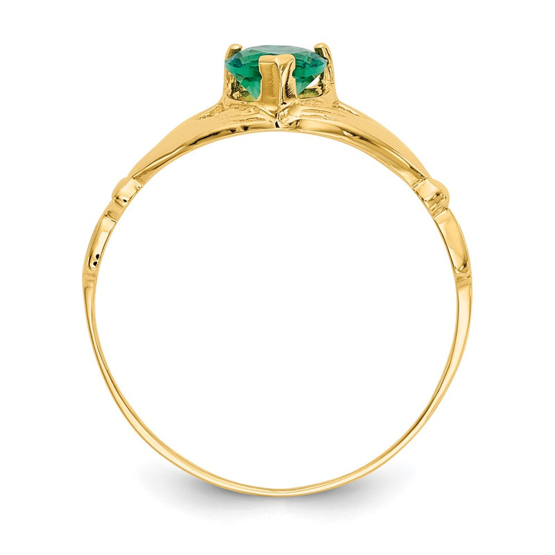 14K Yellow Gold Green CZ Polished Claddagh Ring
