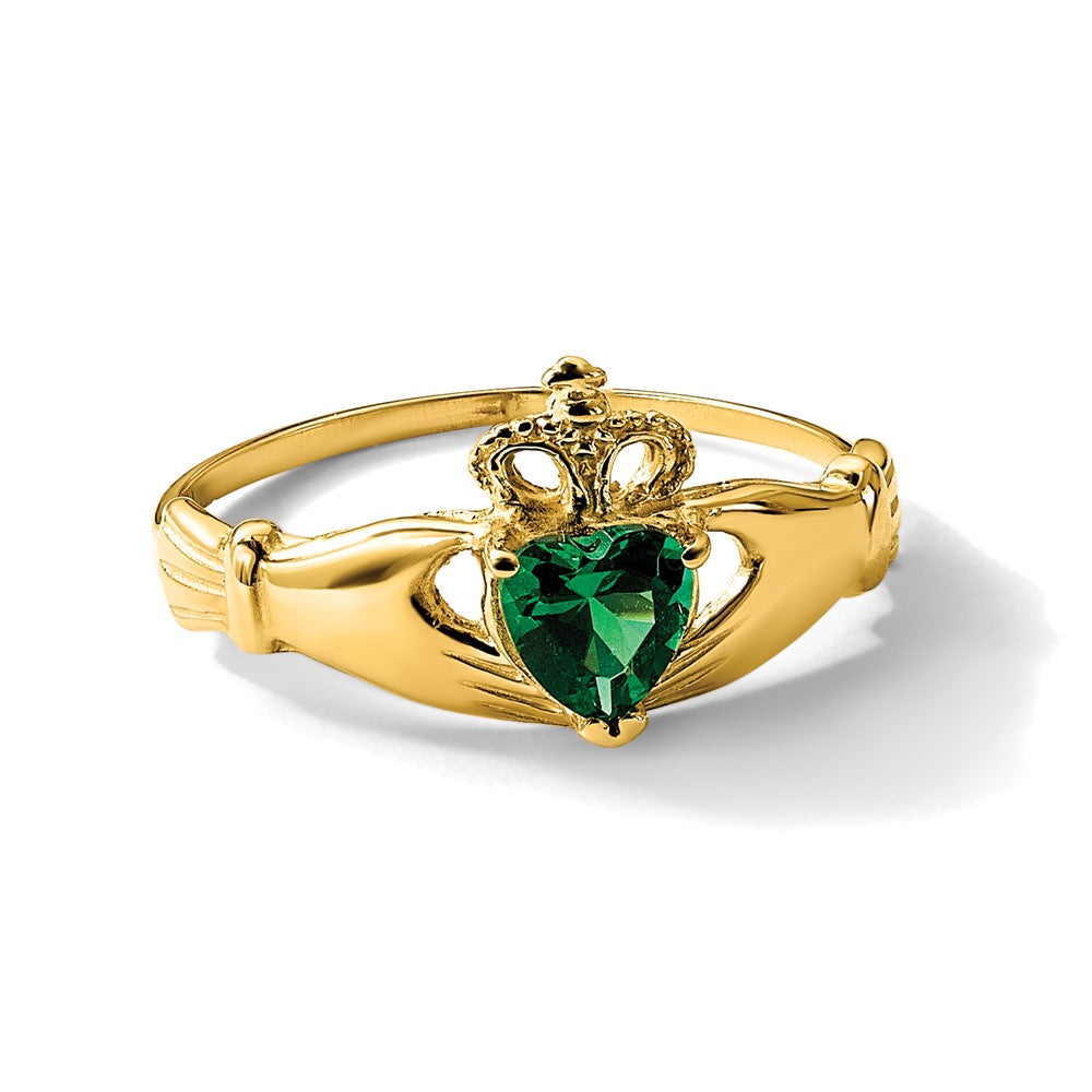14K Yellow Gold Green CZ Polished Claddagh Ring
