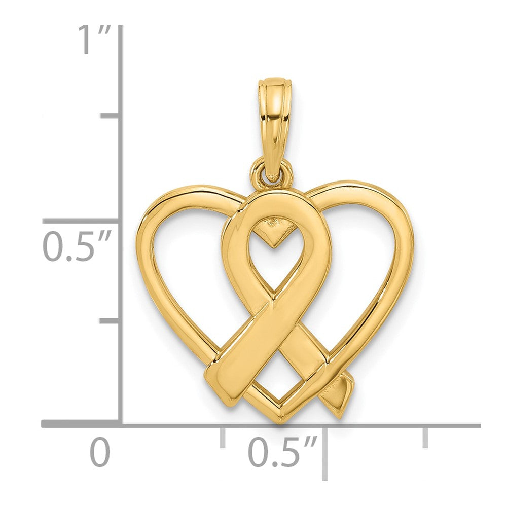 14K Yellow Gold Polished Awareness Ribbon and Heart Charm