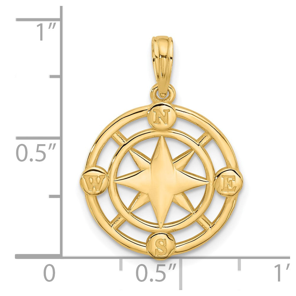 14K Yellow Gold Polished Round Compass Charm