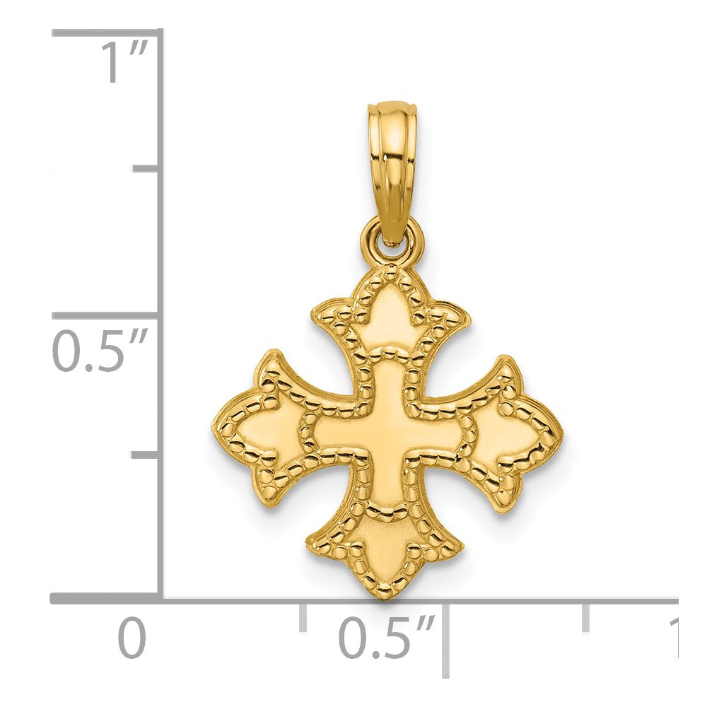 14K Yellow Gold Polished Beaded Fleur De Lis Cross Pendant