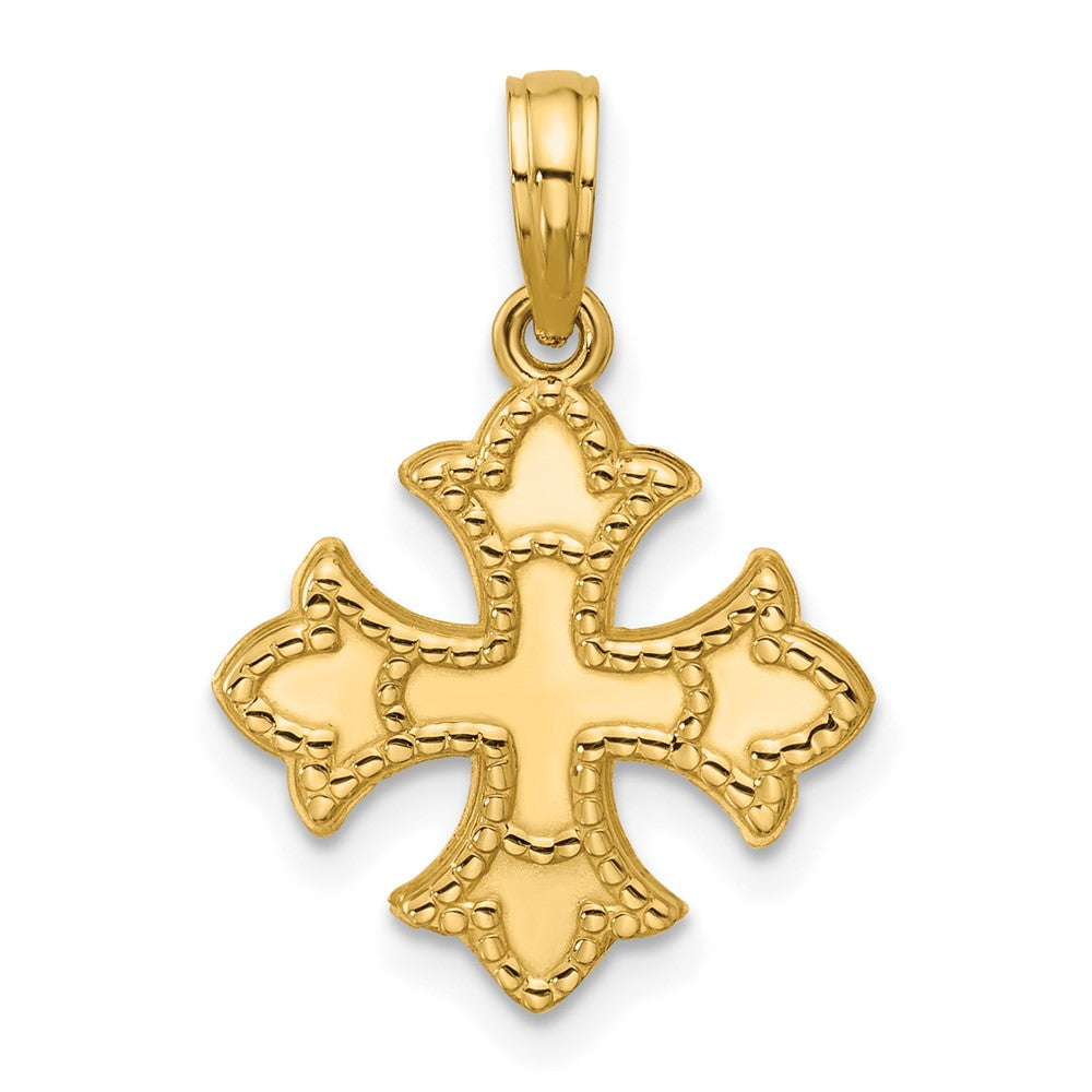 14K Yellow Gold Polished Beaded Fleur De Lis Cross Pendant