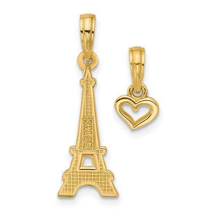 14K Yellow Gold Polished and Satin Eiffel Tower with Separate Heart Pendant Set