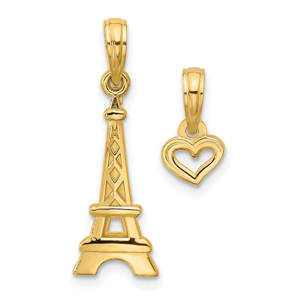 14K Yellow Gold Polished and Satin Eiffel Tower with Separate Heart Pendant Set