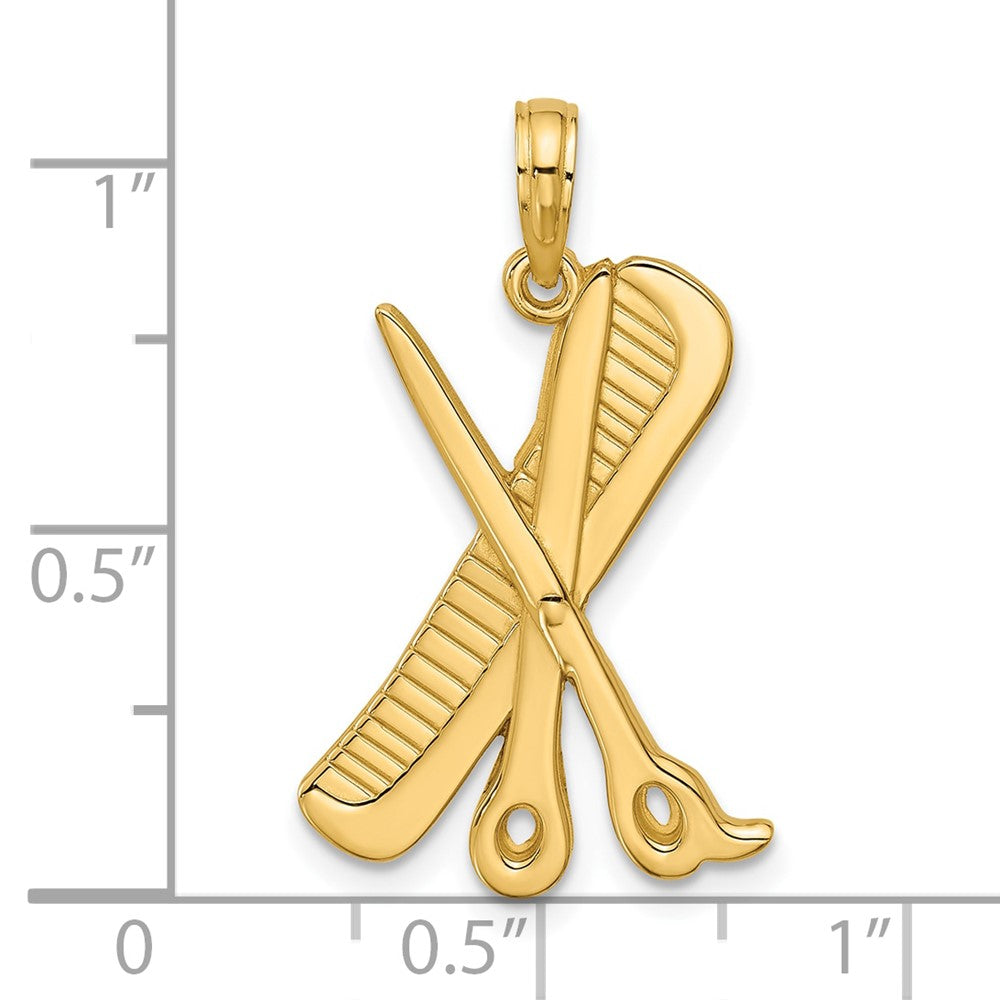 14K Yellow Gold Polished Textured Scissor and Comb Pendant