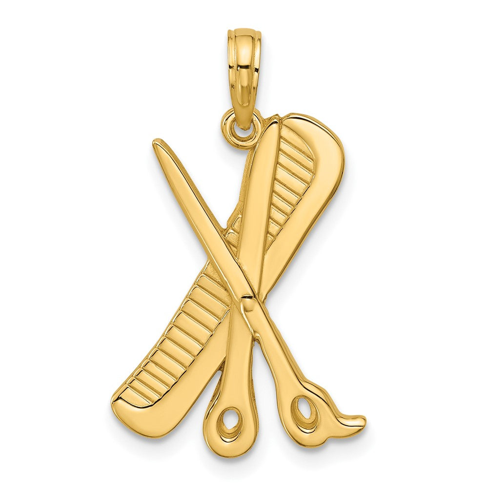 14K Yellow Gold Polished Textured Scissor and Comb Pendant