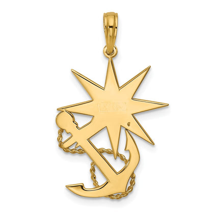 14K Yellow Gold Polished Compass and Anchor with Rope Pendant