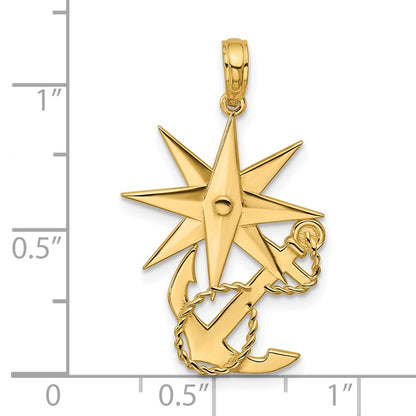14K Yellow Gold Polished Compass and Anchor with Rope Pendant