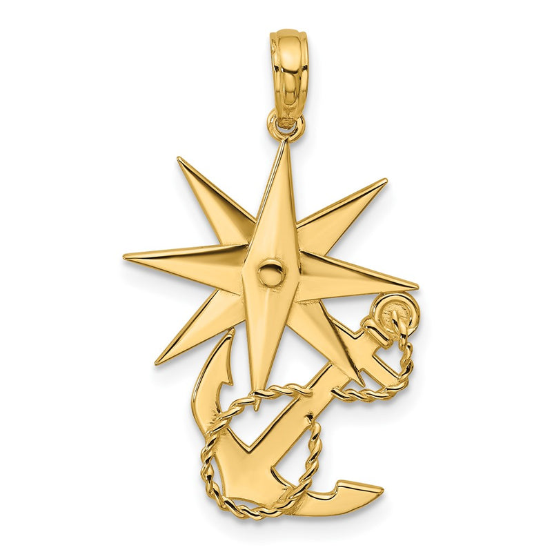 14K Yellow Gold Polished Compass and Anchor with Rope Pendant