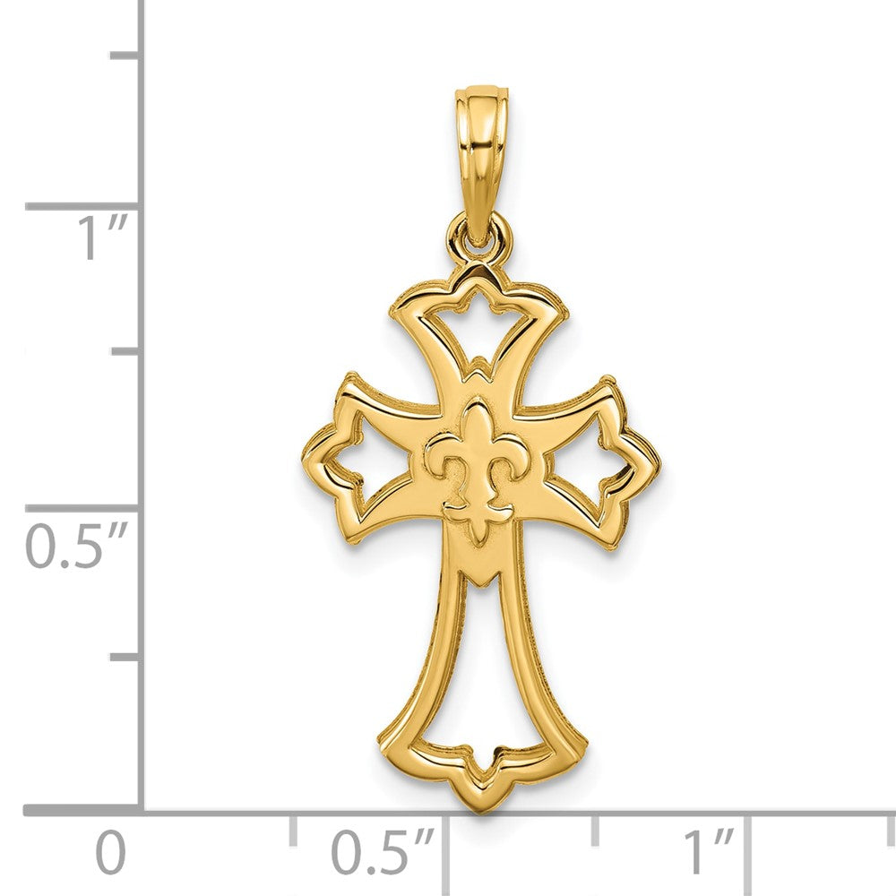 14K Yellow Gold Polished Fleur De Lis Cross Pendant