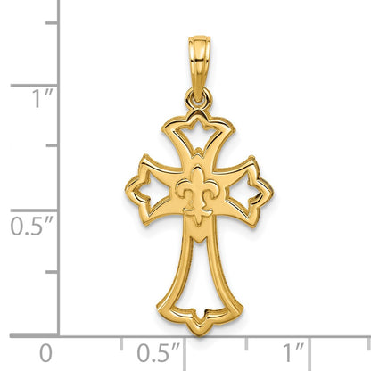14K Yellow Gold Polished Fleur De Lis Cross Pendant