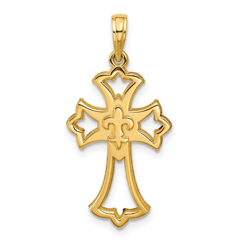 14K Yellow Gold Polished Fleur De Lis Cross Pendant