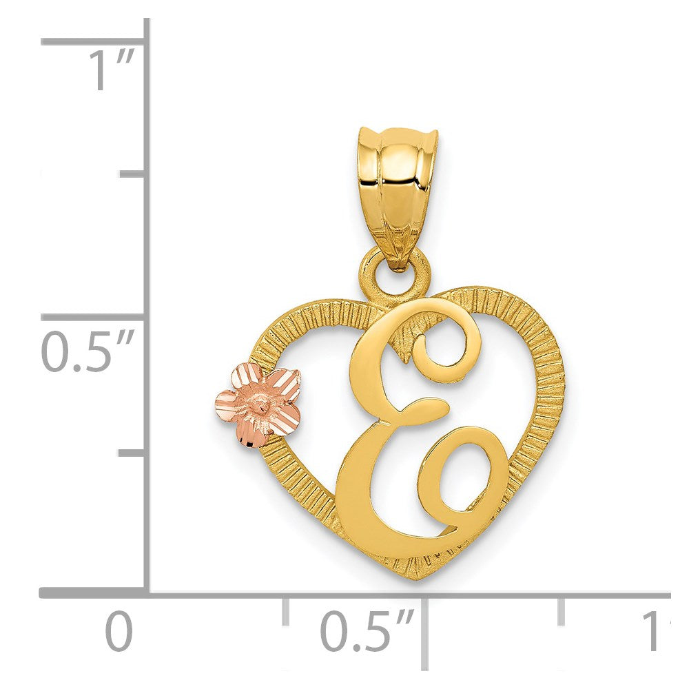 14K Two-Tone Heart Letter E Initial Pendant