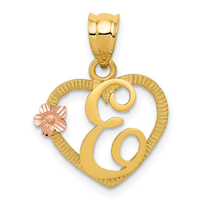 14K Two-Tone Heart Letter E Initial Pendant