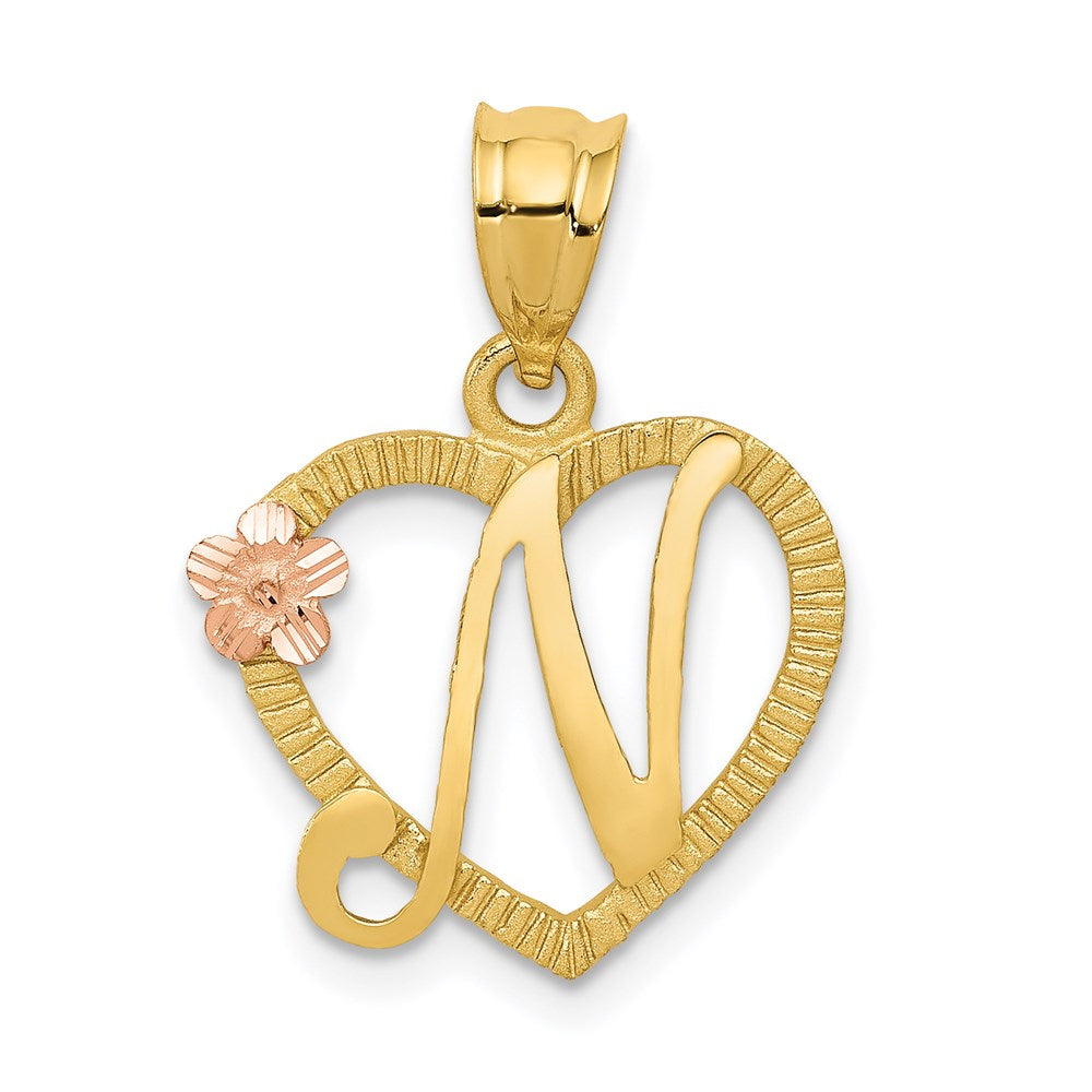 14K Two-Tone Heart Letter N Initial Pendant