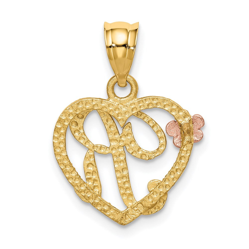 14K Two-Tone Heart Letter R Initial Pendant
