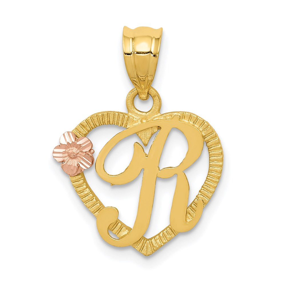 14K Two-Tone Heart Letter R Initial Pendant