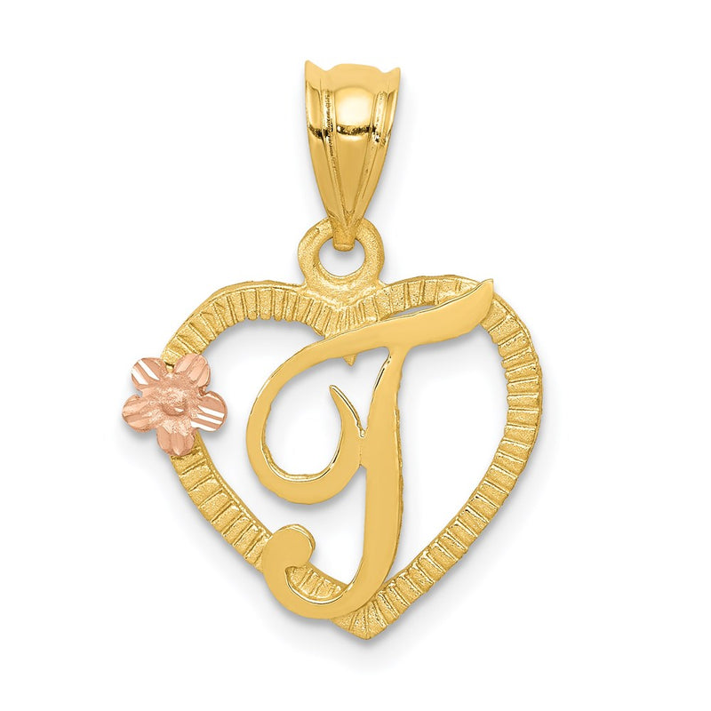 14K Two-Tone Heart Letter T Initial Pendant