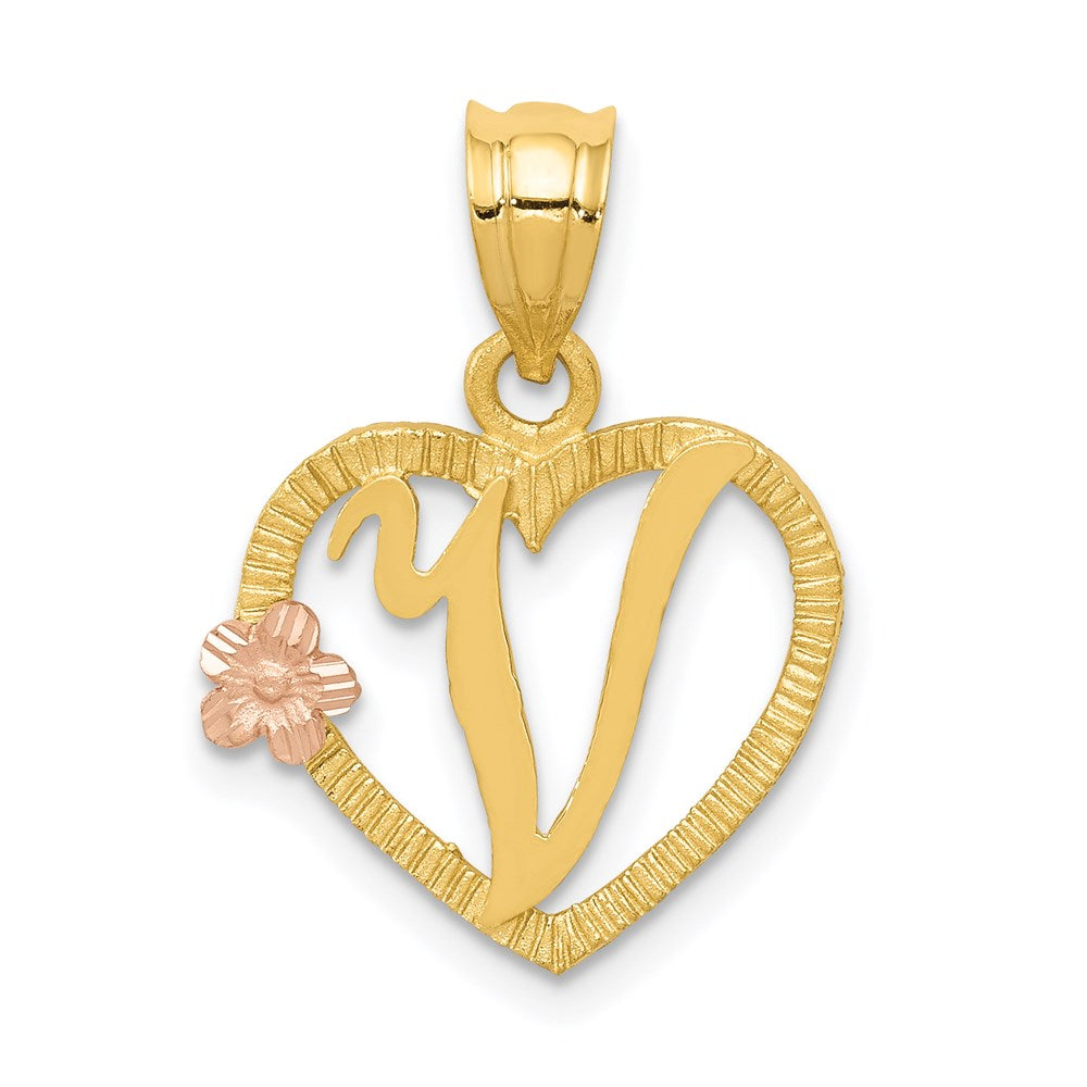 14K Two-Tone Heart Letter V Initial Pendant