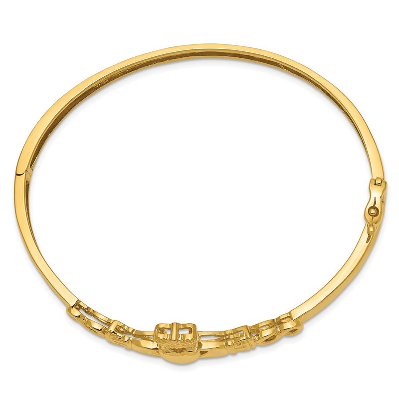 7 Inch 14K 4mm Diamond-Cut Claddagh Hinged Bangle Bracelet